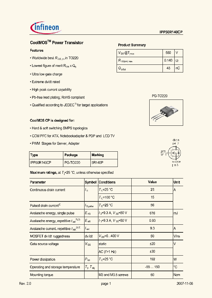 IPP50R140CP_5064358.PDF Datasheet