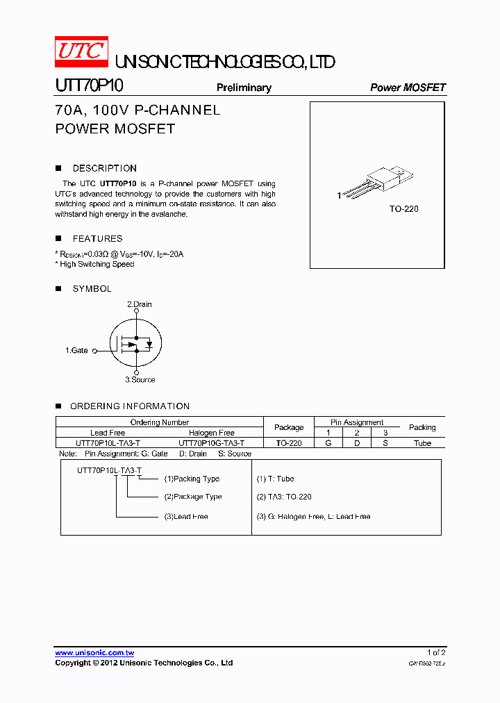 UTT70P10G-TA3-T_4167244.PDF Datasheet